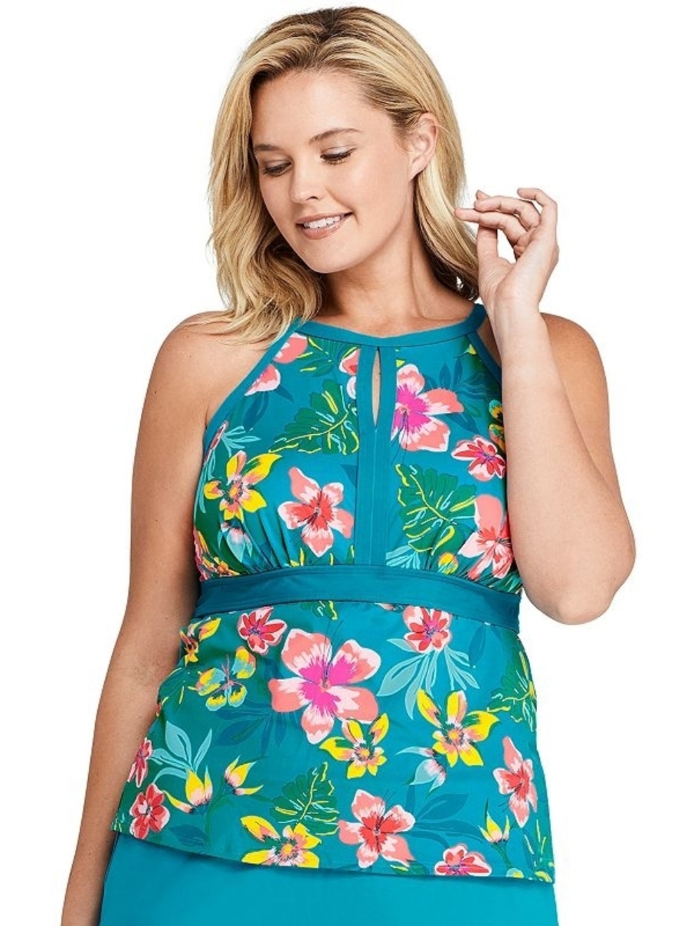 Landsend High Neck Beach Tropical Floral Tankini Swim Top 12 Keyhole Swimwear